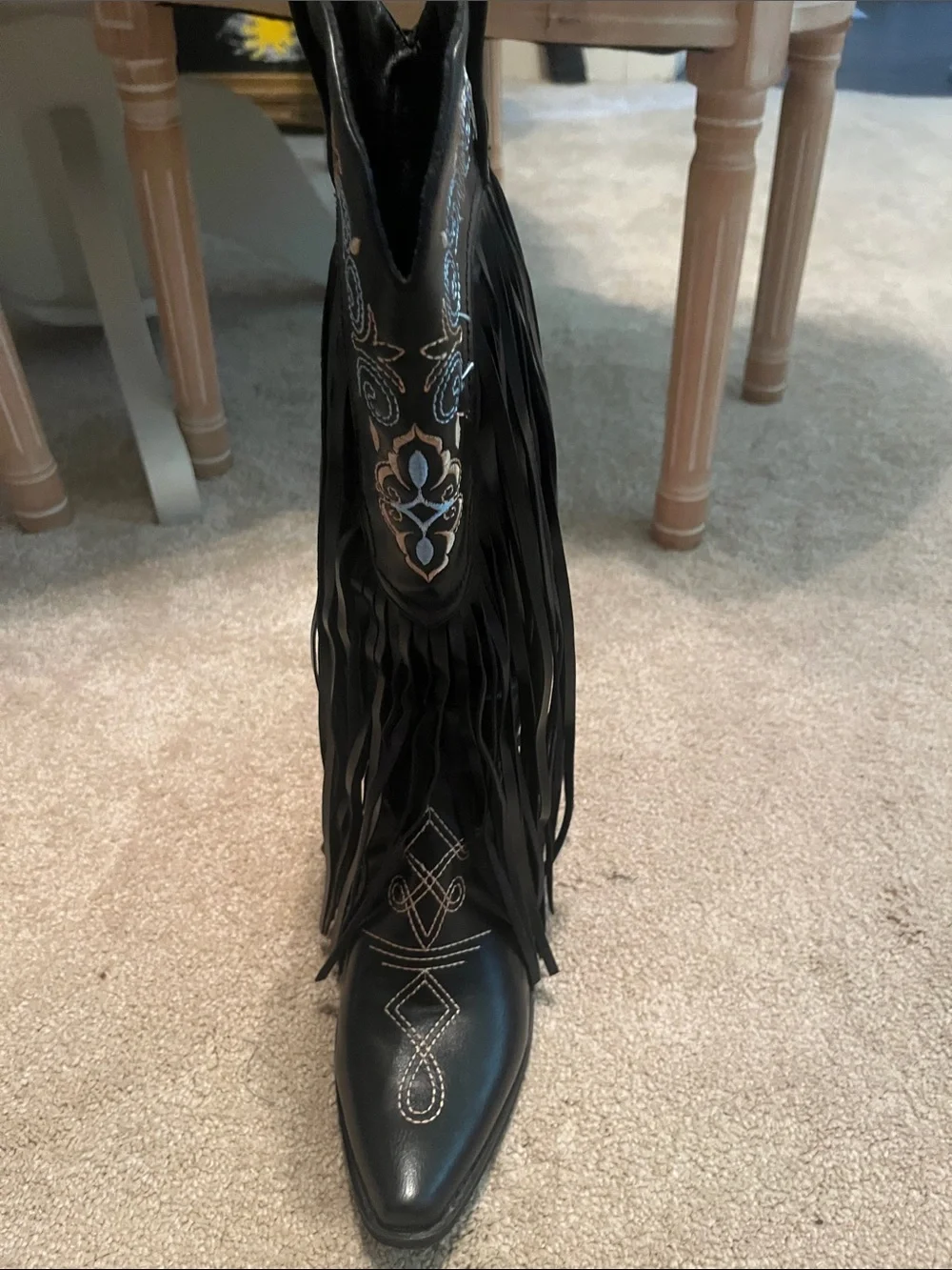Fringed Embroidered Black Over-the-Knee Boots